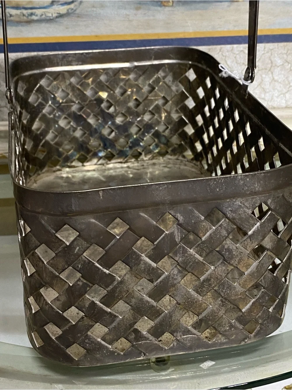 Vintage Silver Plated Metal Woven Basket W/ Handle and Mugs.
